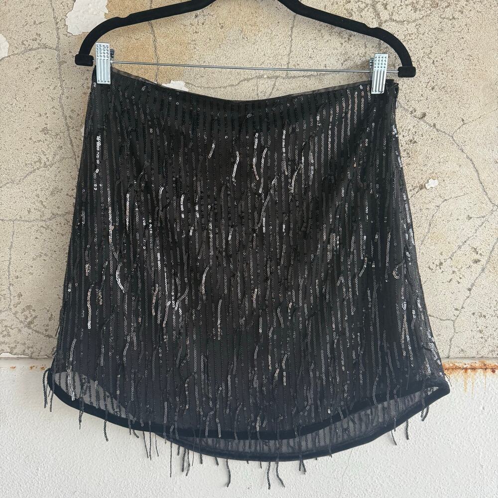 Avec Les Filles Mini Skirt Black Sequin Fringe Womens M Holiday‎ Party Glam
